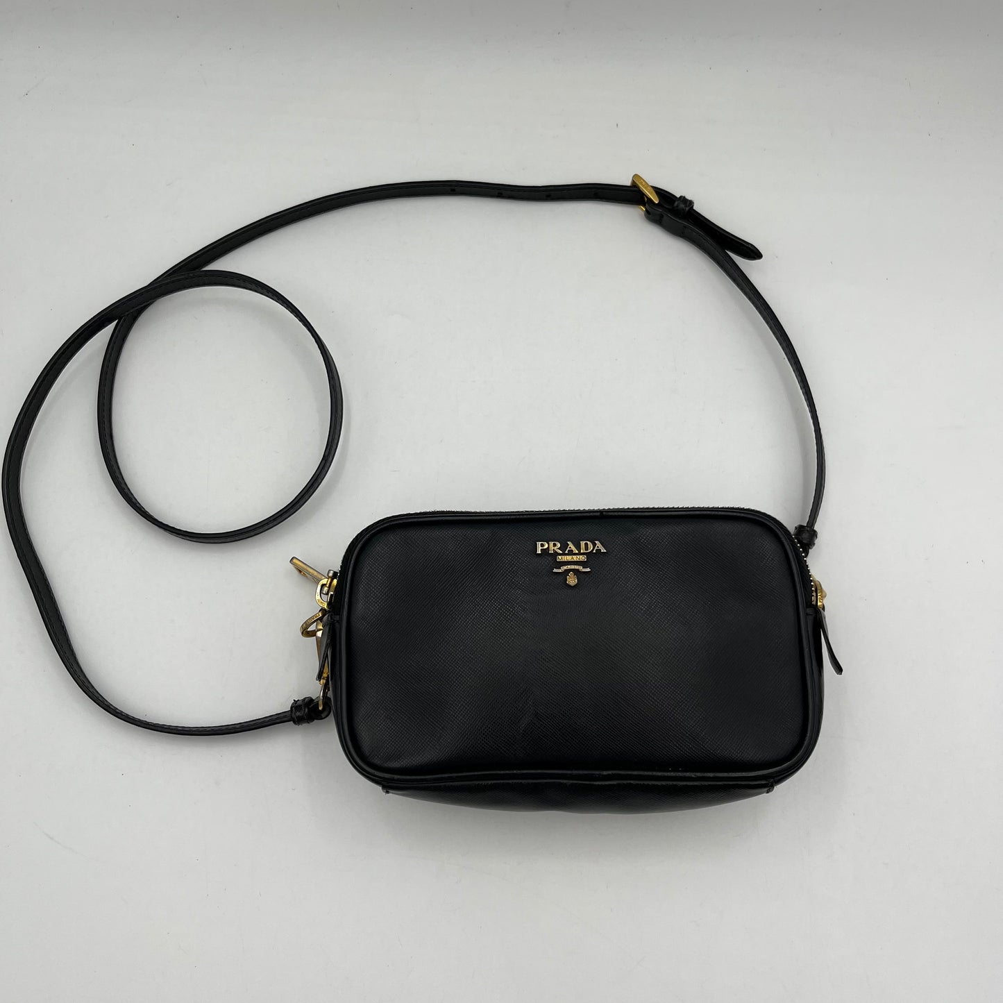 Prada Black Saffiano Double Zip Mini Crossbody