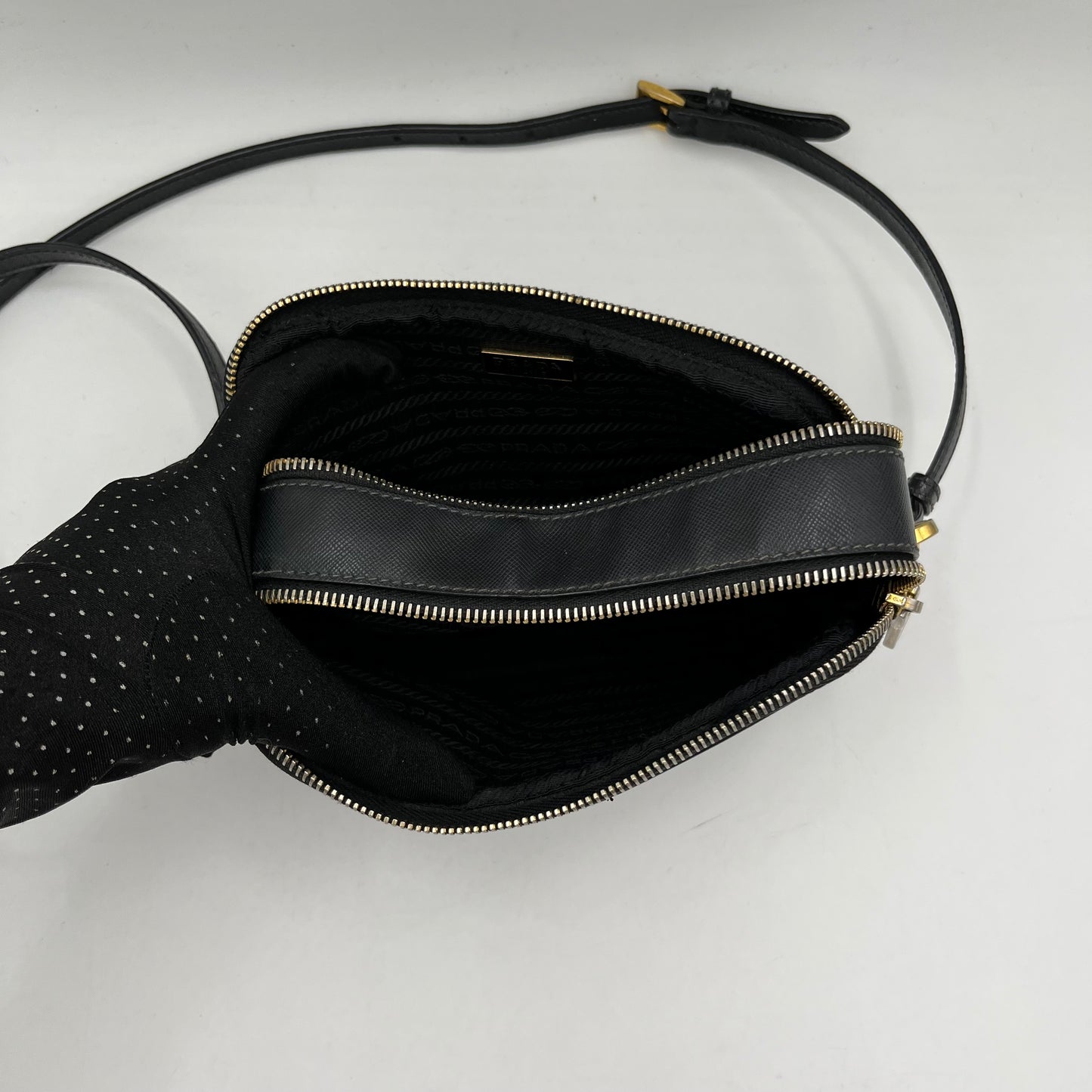 Prada Black Saffiano Double Zip Mini Crossbody