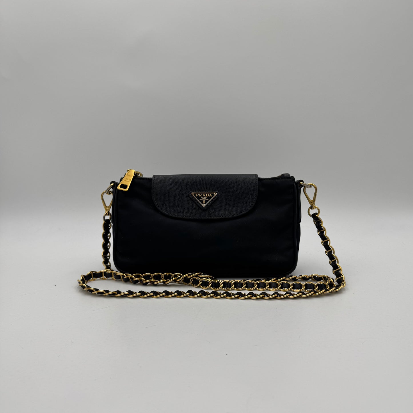 Prada Black Tessuto and Saffiano Chain Crossbody GHW