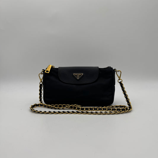 Prada Black Tessuto and Saffiano Chain Crossbody GHW