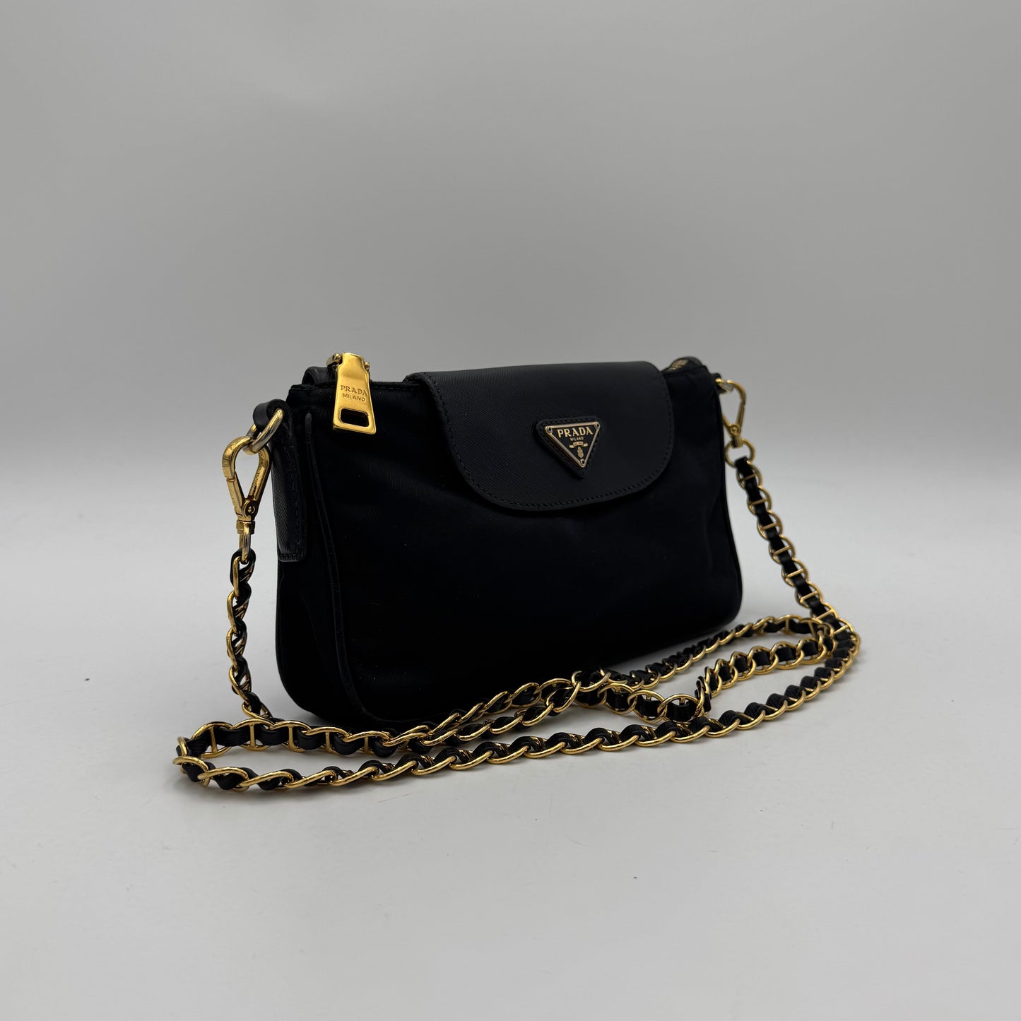 Prada Black Tessuto and Saffiano Chain Crossbody GHW