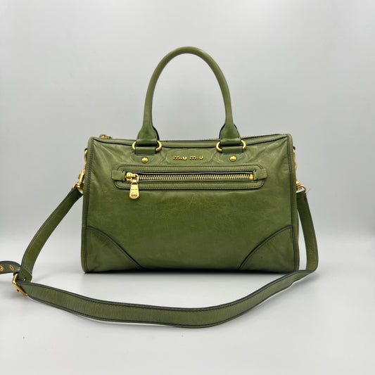 Miu Miu Green Vitello Shine Leather Two-Way Bag