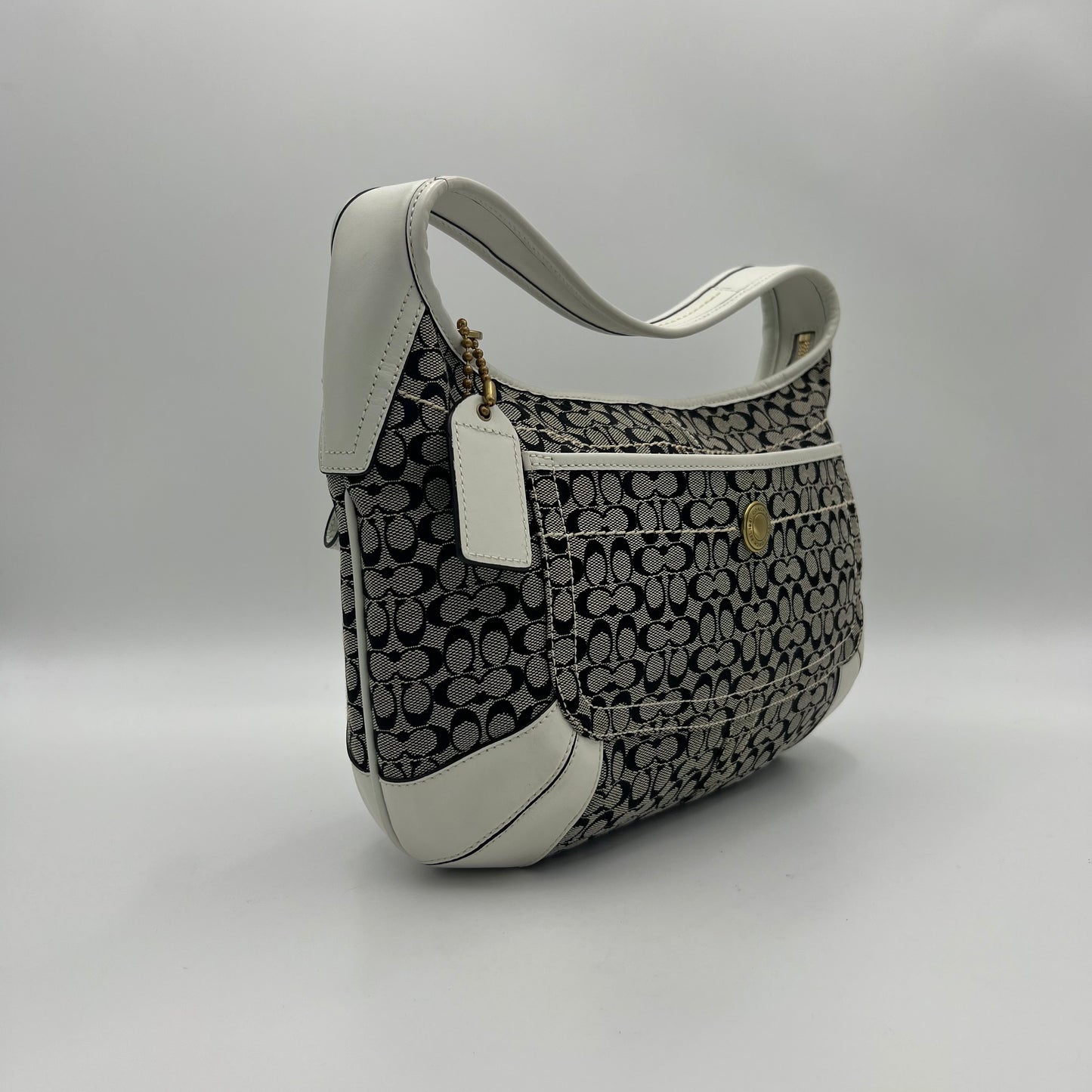 Coach Black C Signature White Leather Hobo Bag