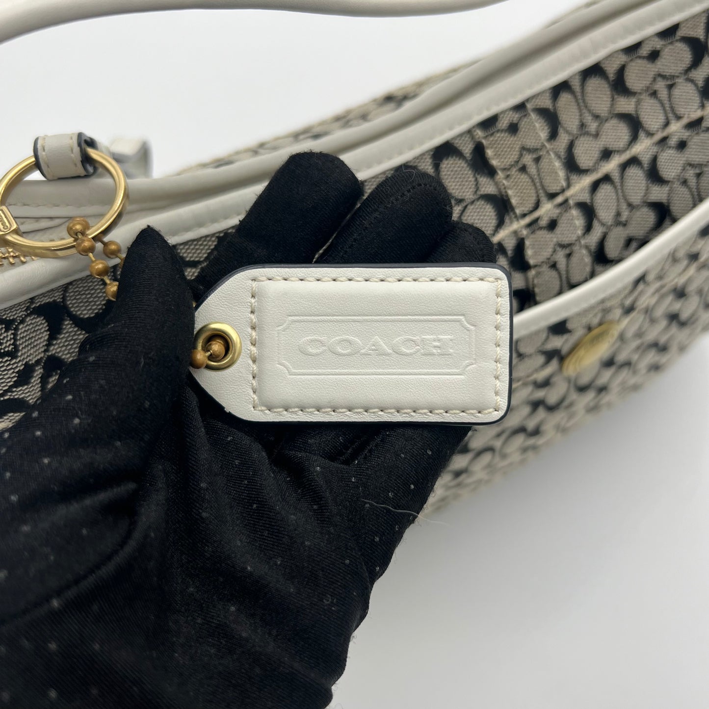 Coach Black C Signature White Leather Hobo Bag