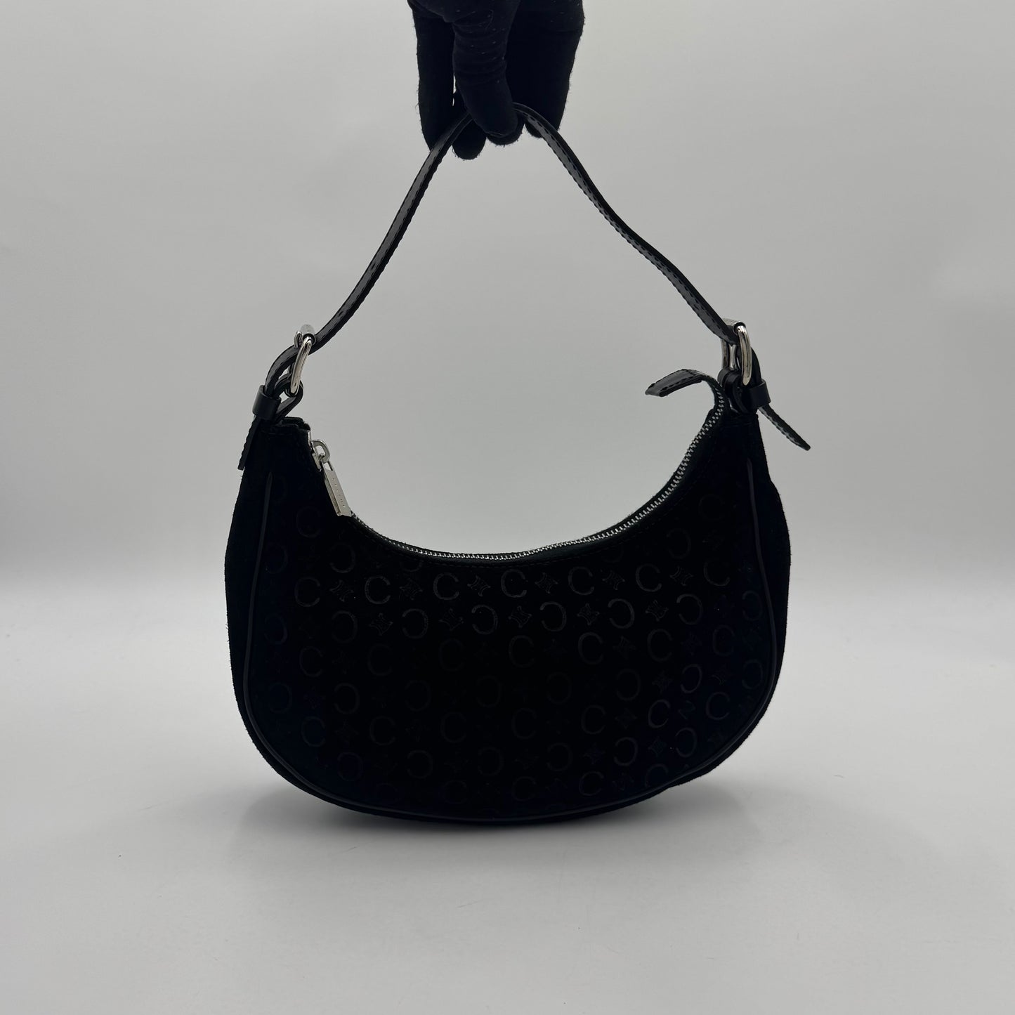 Celine Paris Black C Triomphe Suede Ava Hobo Baguette