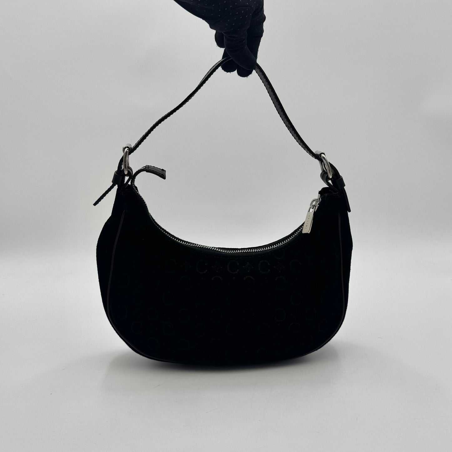 Celine Paris Black C Triomphe Suede Ava Hobo Baguette