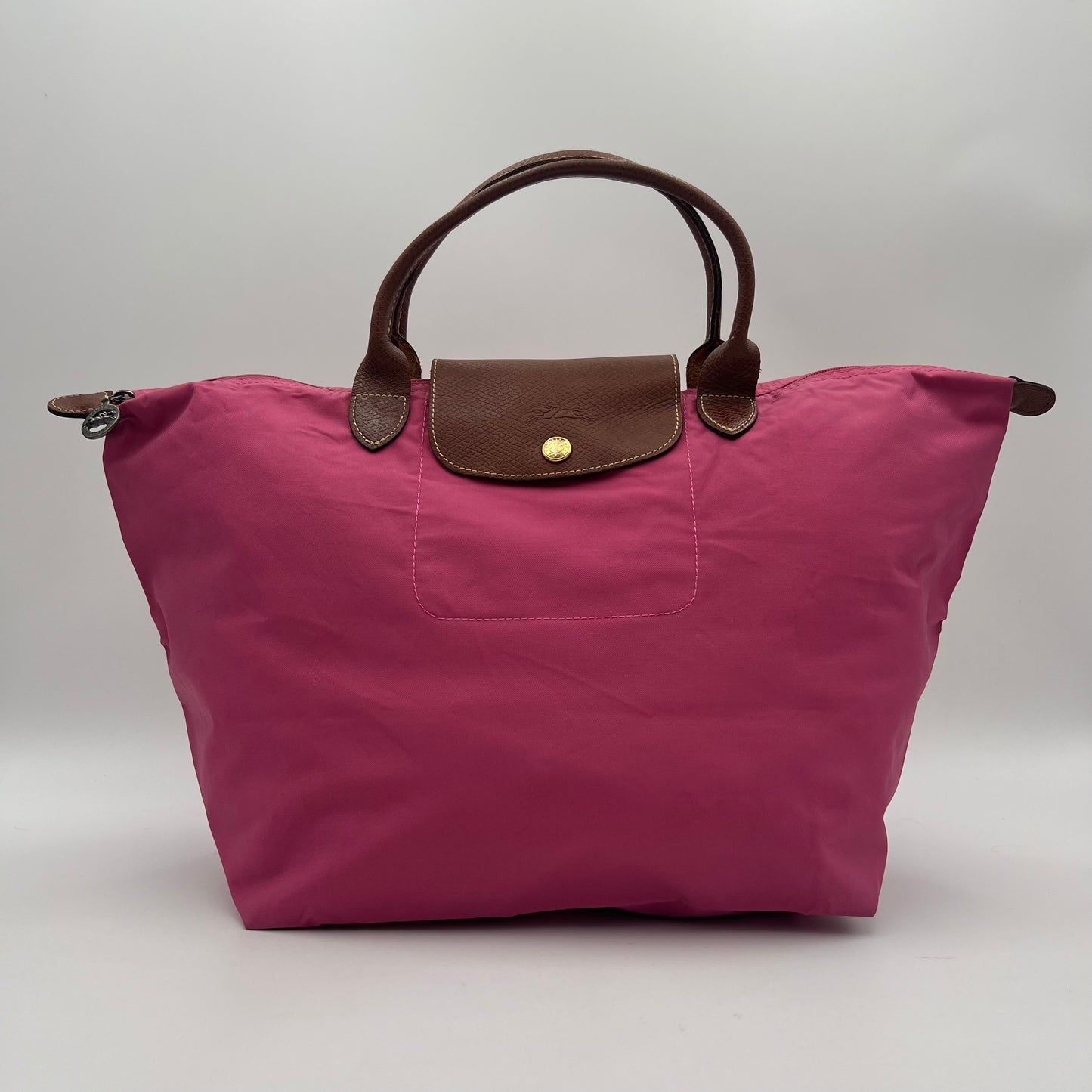 Longchamp Pink Brown Leather Short Handle Le Pliate Tote Type M