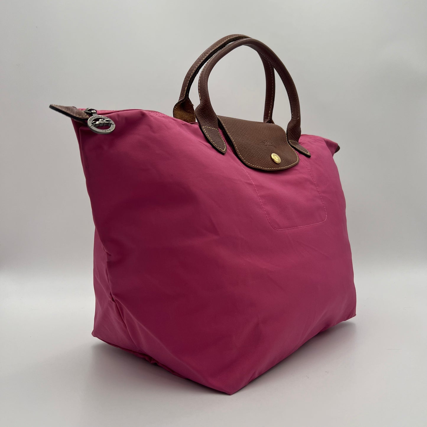 Longchamp Pink Brown Leather Short Handle Le Pliate Tote Type M