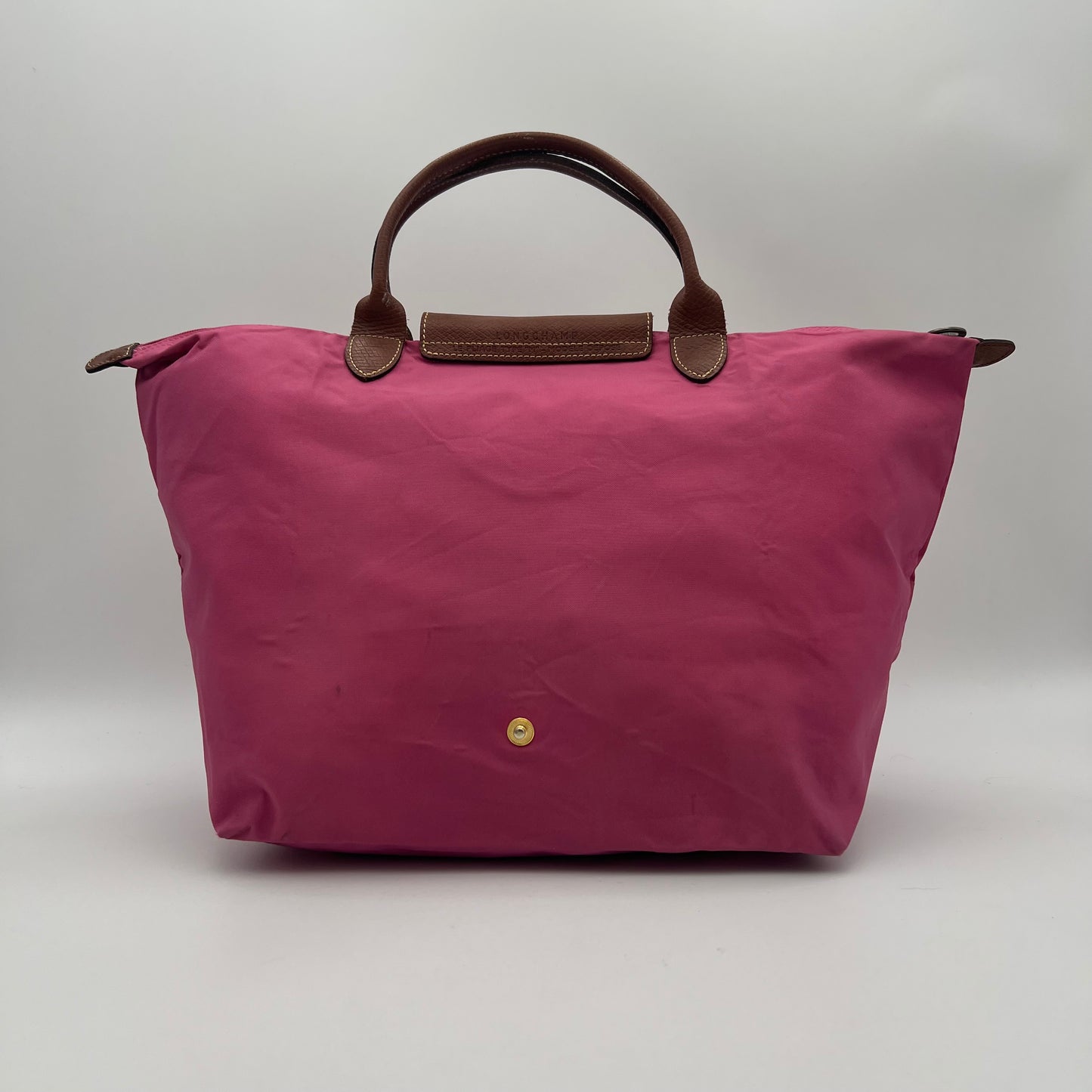 Longchamp Pink Brown Leather Short Handle Le Pliate Tote Type M