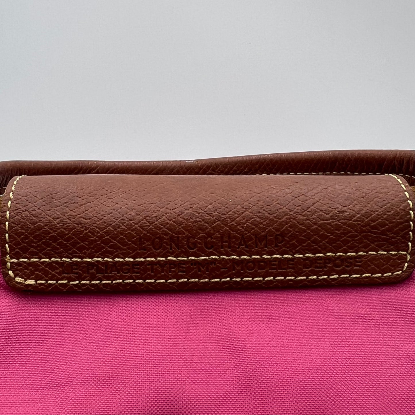 Longchamp Pink Brown Leather Short Handle Le Pliate Tote Type M