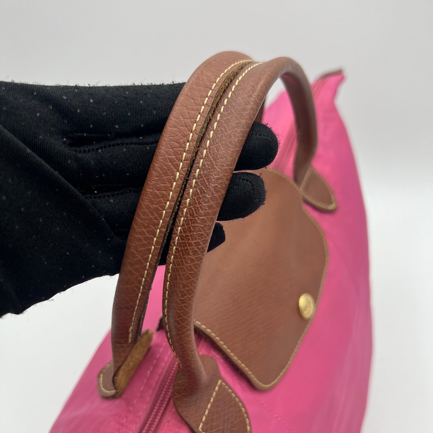 Longchamp Pink Brown Leather Short Handle Le Pliate Tote Type M