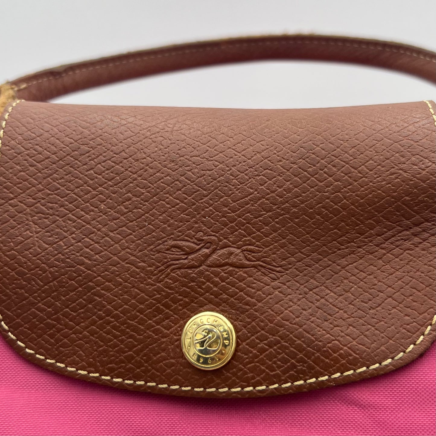 Longchamp Pink Brown Leather Short Handle Le Pliate Tote Type M