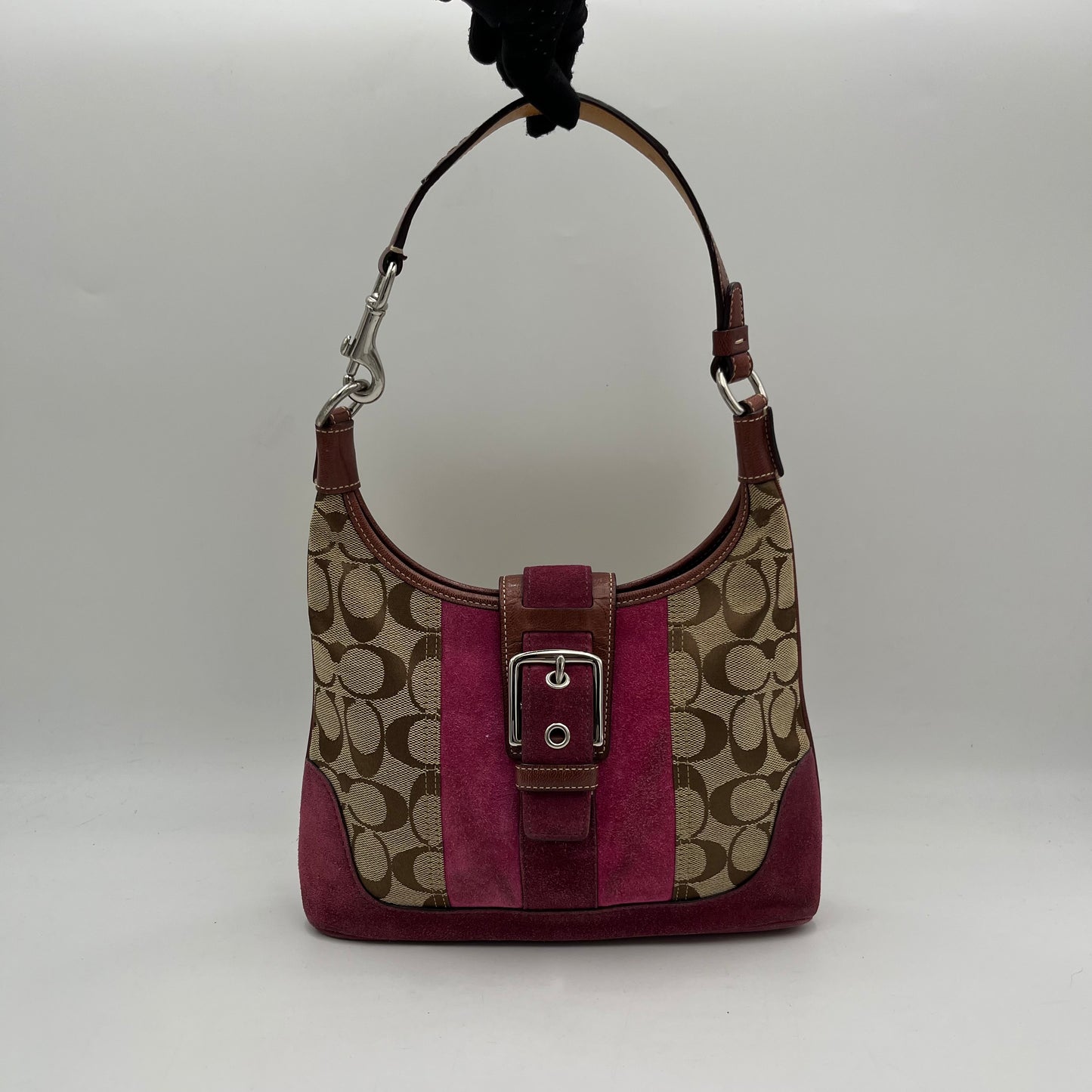 Coach Signature Canvas Purple Suede Hobo Shoulder Bag