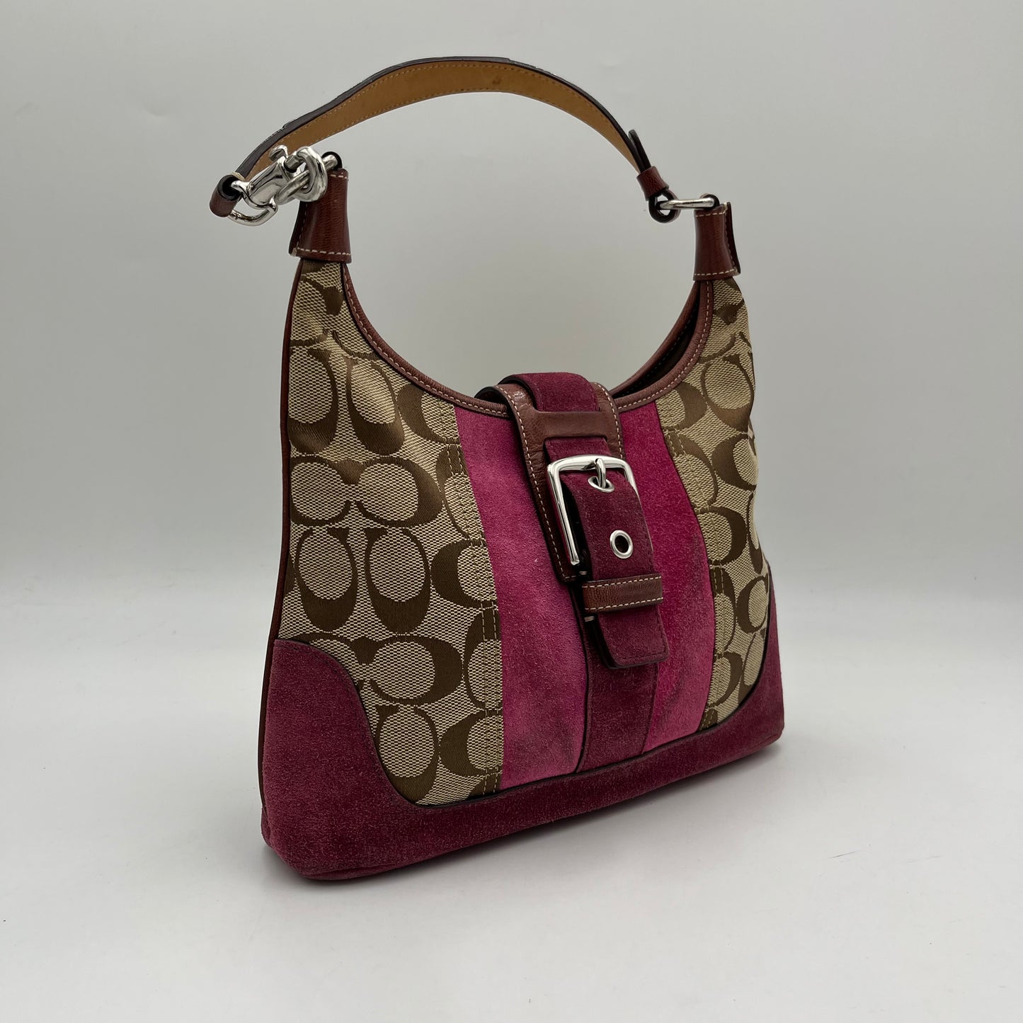 Coach Signature Canvas Purple Suede Hobo Shoulder Bag