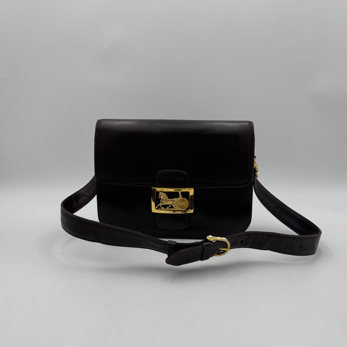 Celine Paris Dark Brown Leather Classic Horse Carriage Box Shoulder Bag