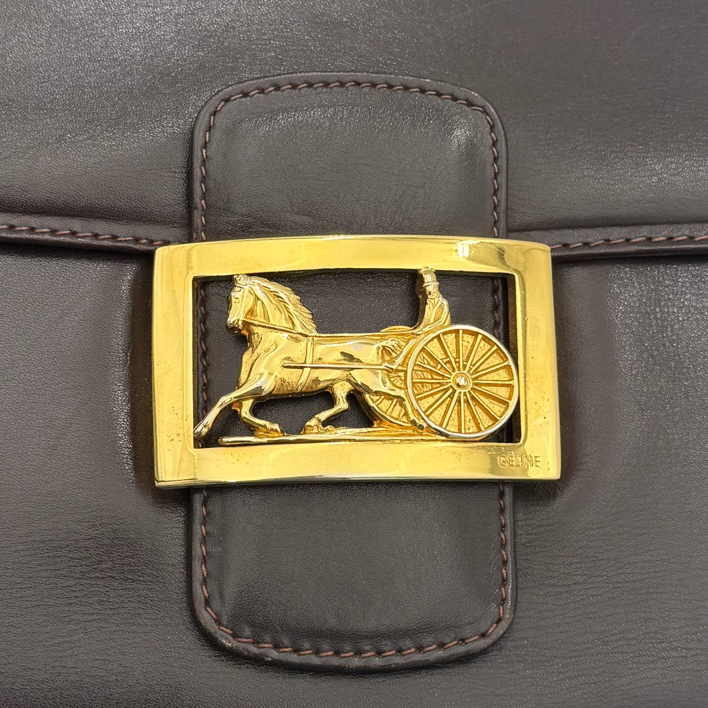 Celine Paris Dark Brown Leather Classic Horse Carriage Box Shoulder Bag