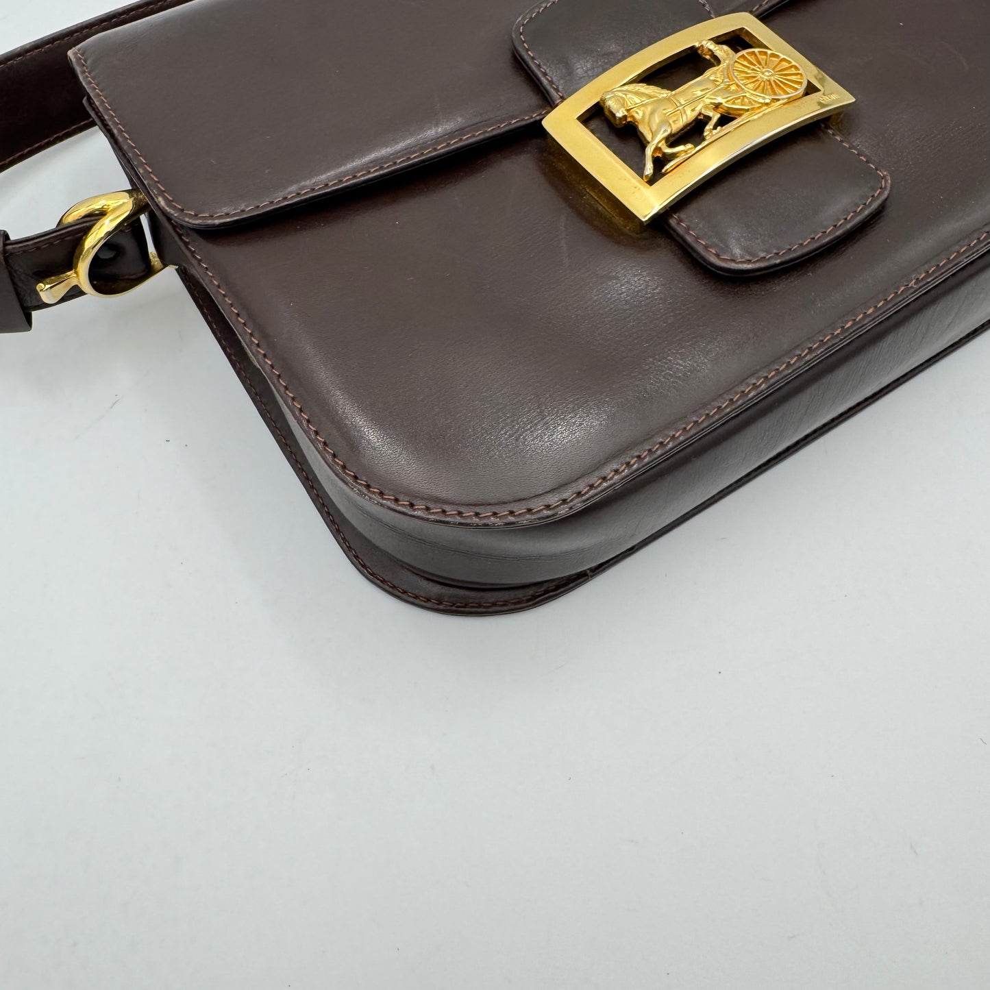 Celine Paris Dark Brown Leather Classic Horse Carriage Box Shoulder Bag