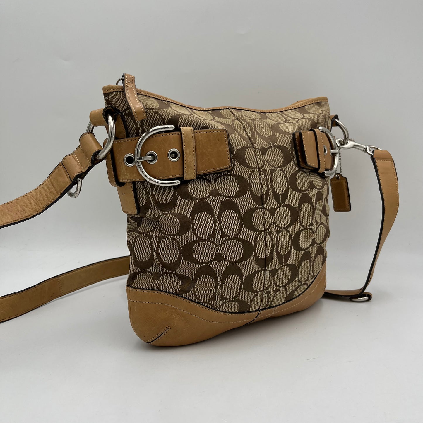 Coach Signature Soho Monogram Tan Leather Buckle Crossbody