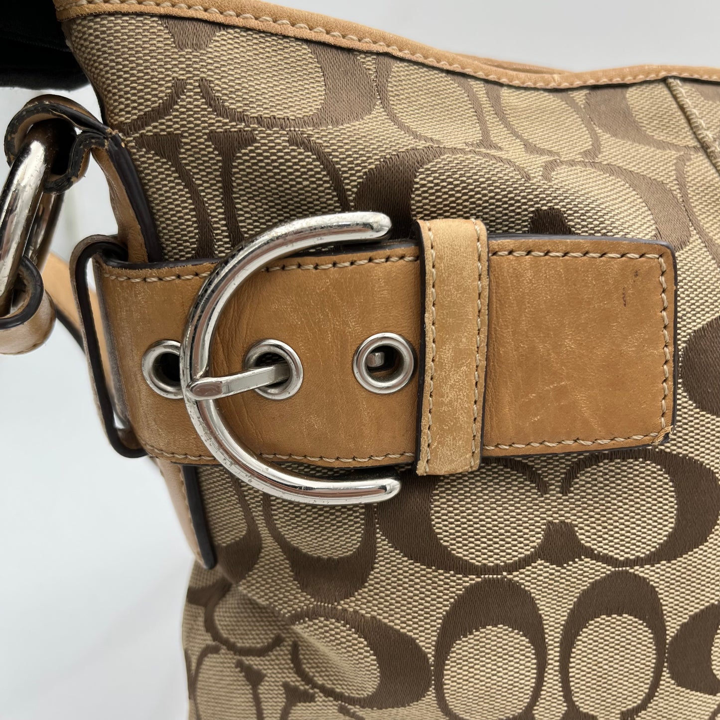 Coach Signature Soho Monogram Tan Leather Buckle Crossbody