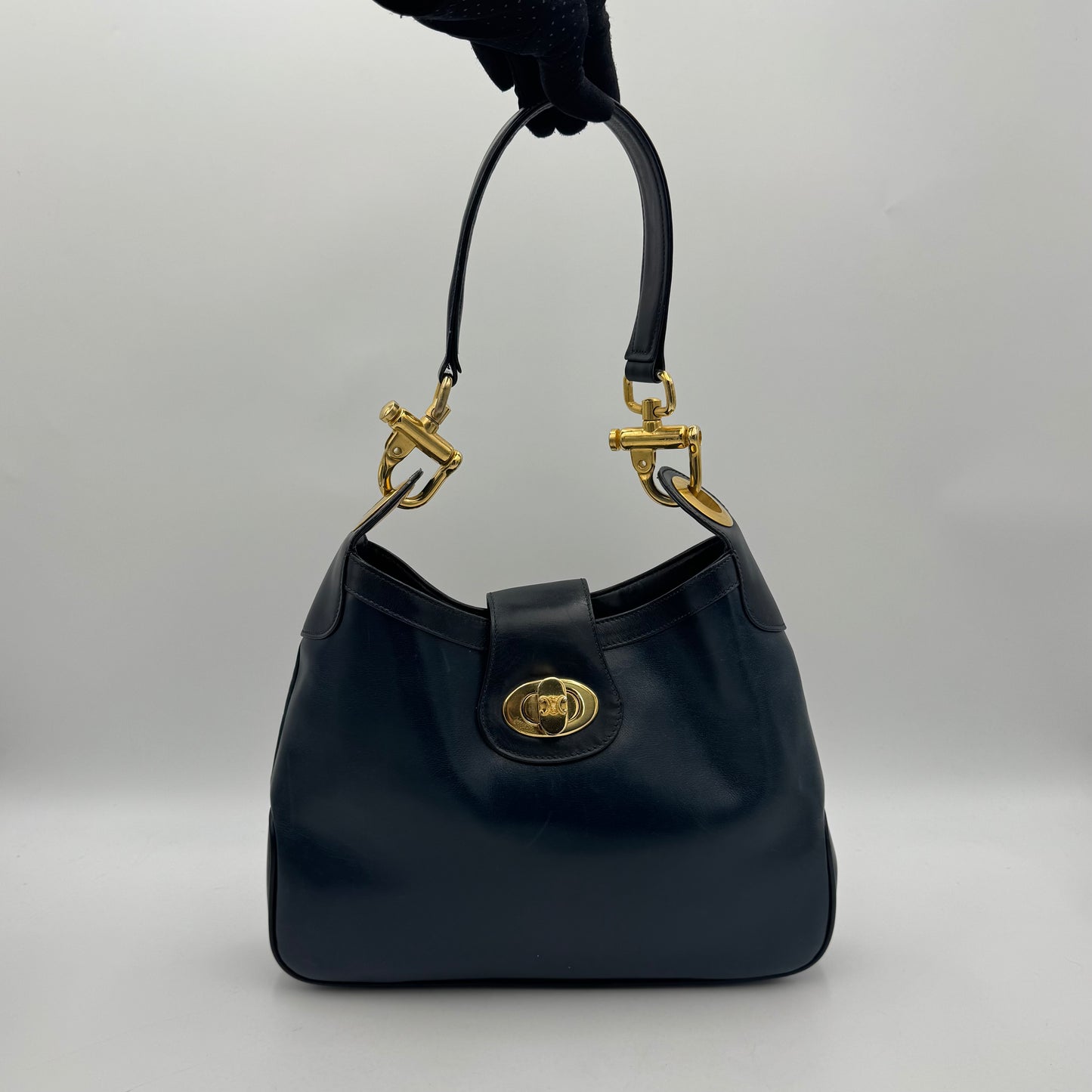 Celine Paris Dark Blue Leather Triomphe Twist Lock Hobo Shoulder Bag