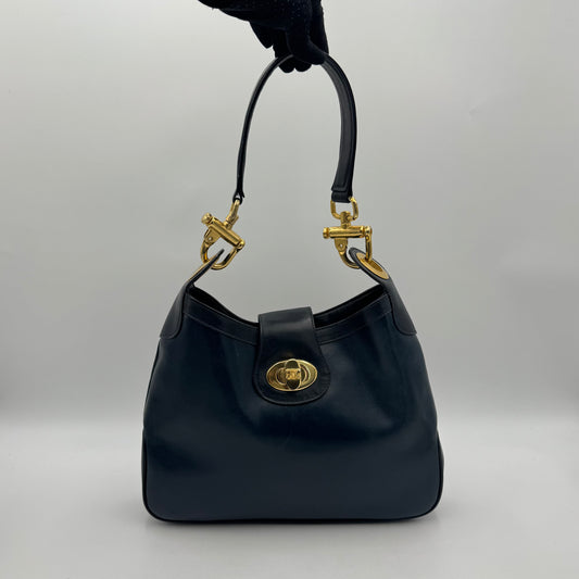 Celine Paris Dark Blue Leather Triomphe Twist Lock Hobo Shoulder Bag