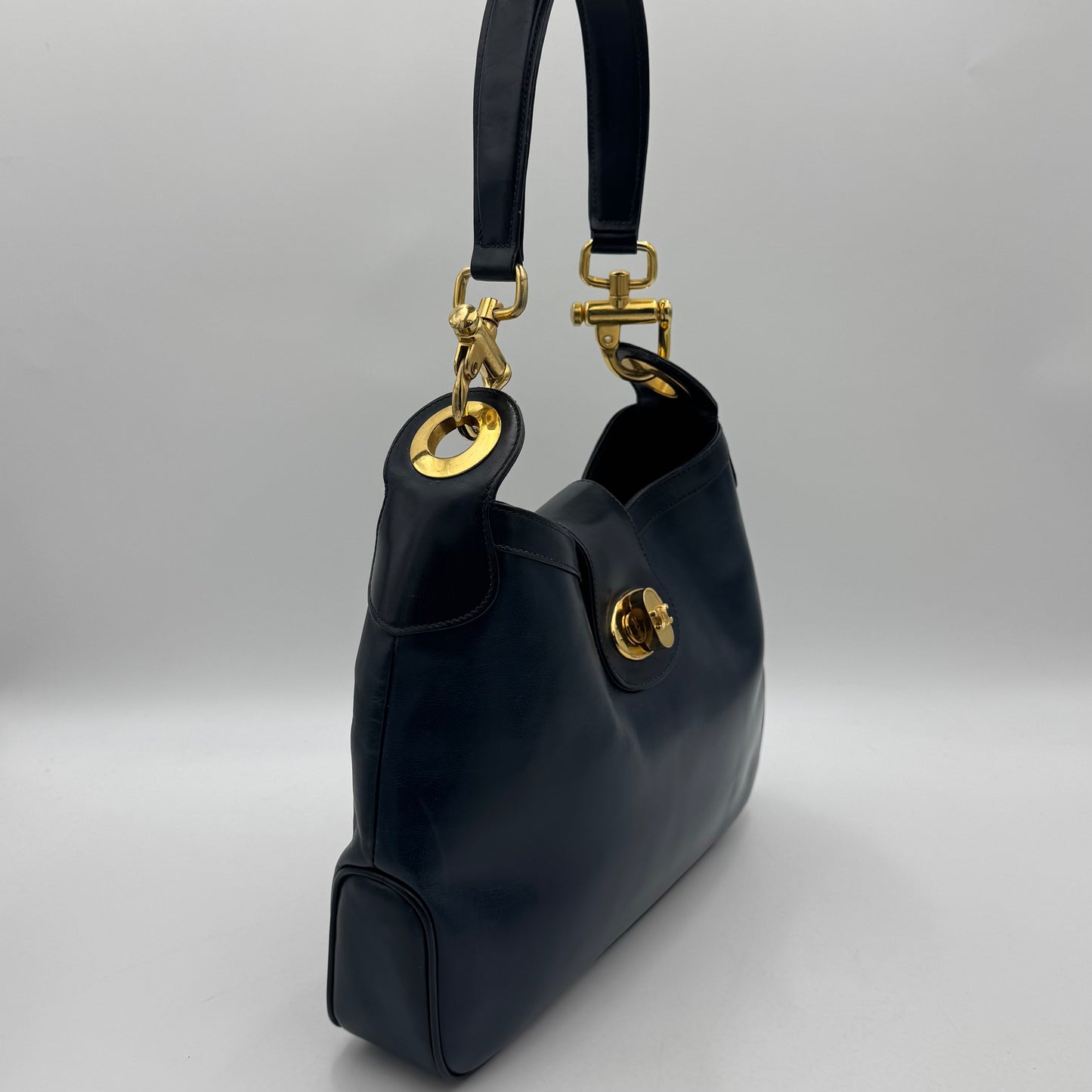 Celine Paris Dark Blue Leather Triomphe Twist Lock Hobo Shoulder Bag