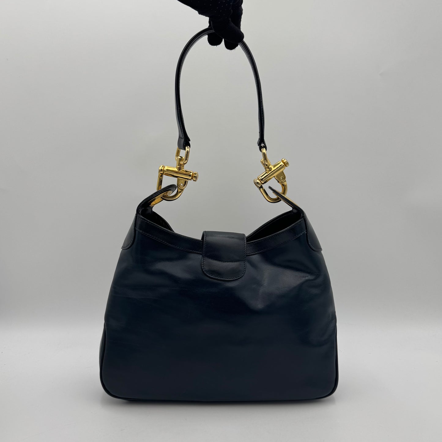 Celine Paris Dark Blue Leather Triomphe Twist Lock Hobo Shoulder Bag