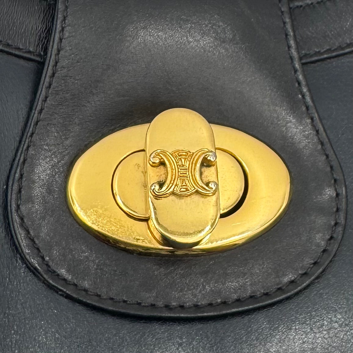 Celine Paris Dark Blue Leather Triomphe Twist Lock Hobo Shoulder Bag