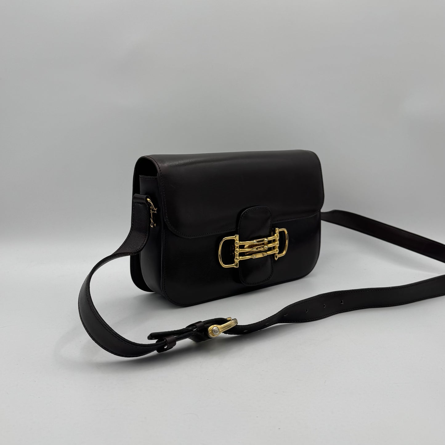 Celine Paris Dark Brown Leather Horsebit Box Bag GHW