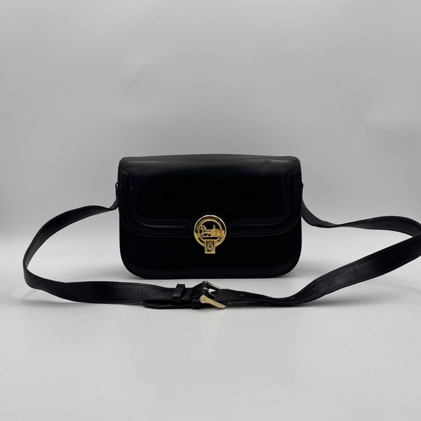 Celine Paris Black Leather Circle Horse Carriage Logo Box Shoulder Bag