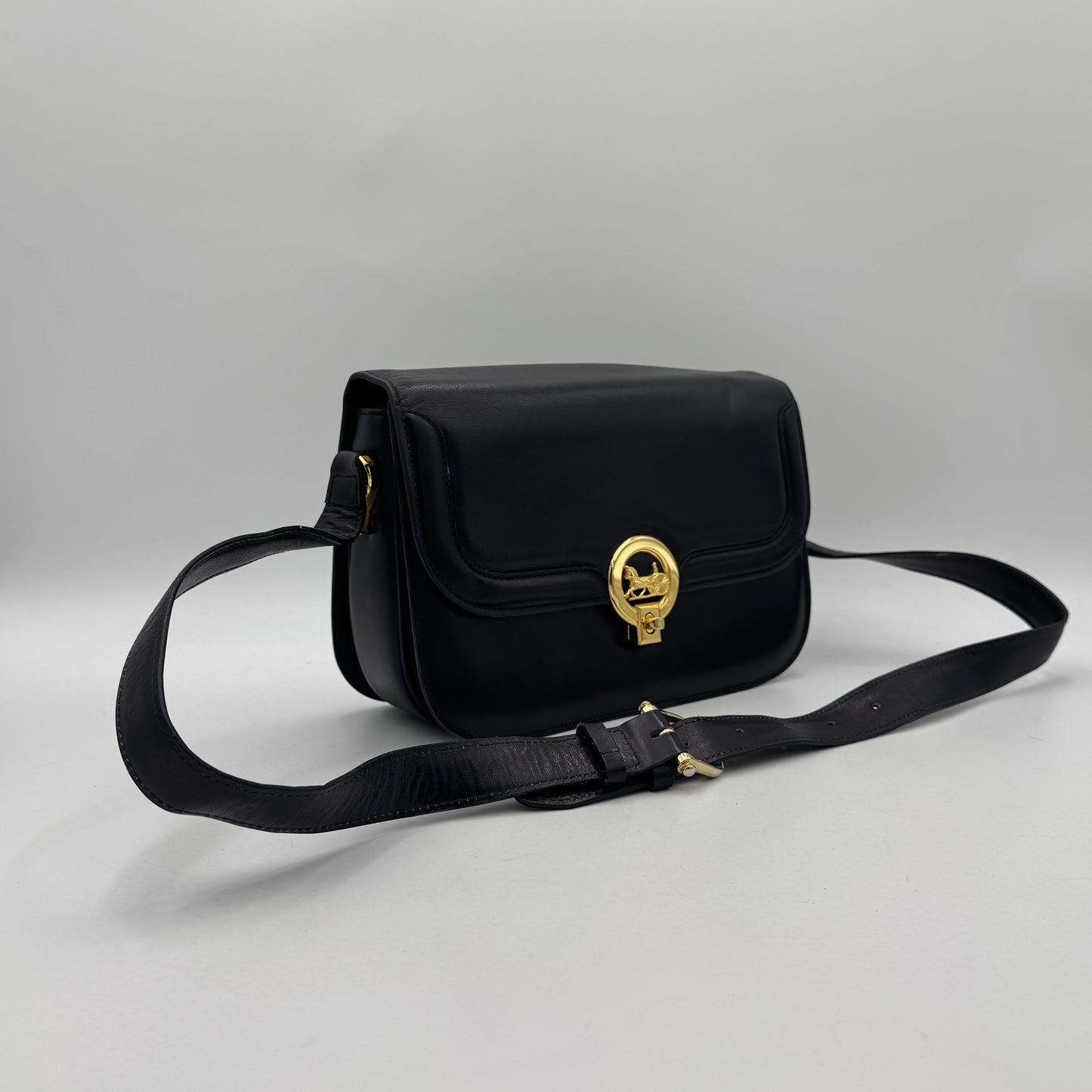 Celine Paris Black Leather Circle Horse Carriage Logo Box Shoulder Bag