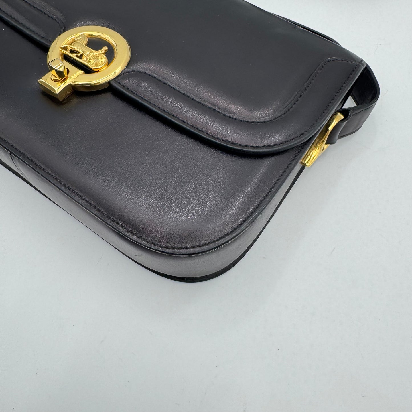 Celine Paris Black Leather Circle Horse Carriage Logo Box Shoulder Bag