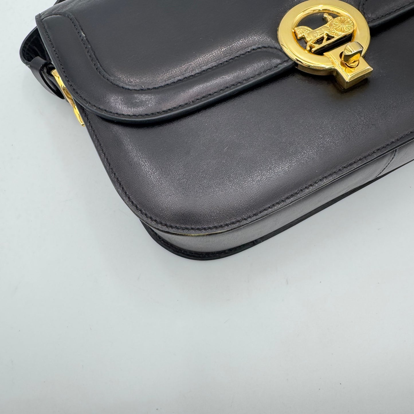 Celine Paris Black Leather Circle Horse Carriage Logo Box Shoulder Bag
