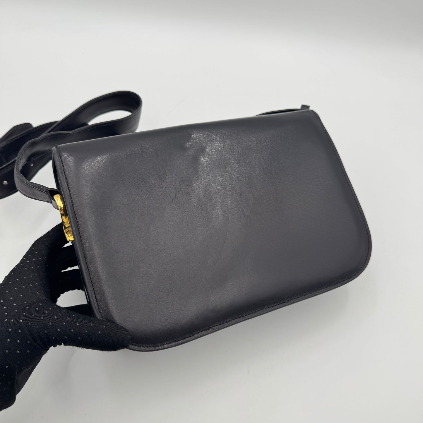 Celine Paris Black Leather Circle Horse Carriage Logo Box Shoulder Bag