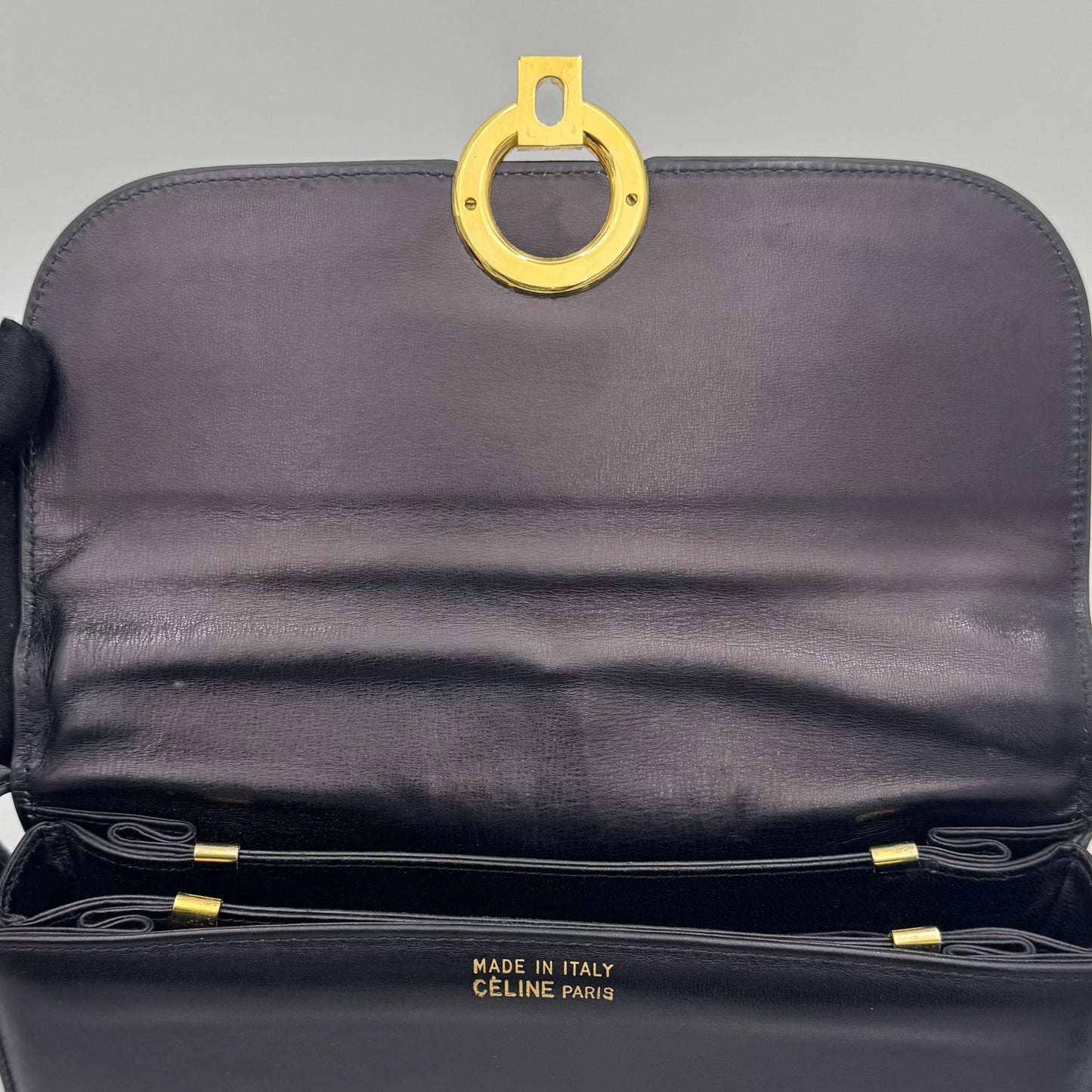 Celine Paris Black Leather Circle Horse Carriage Logo Box Shoulder Bag