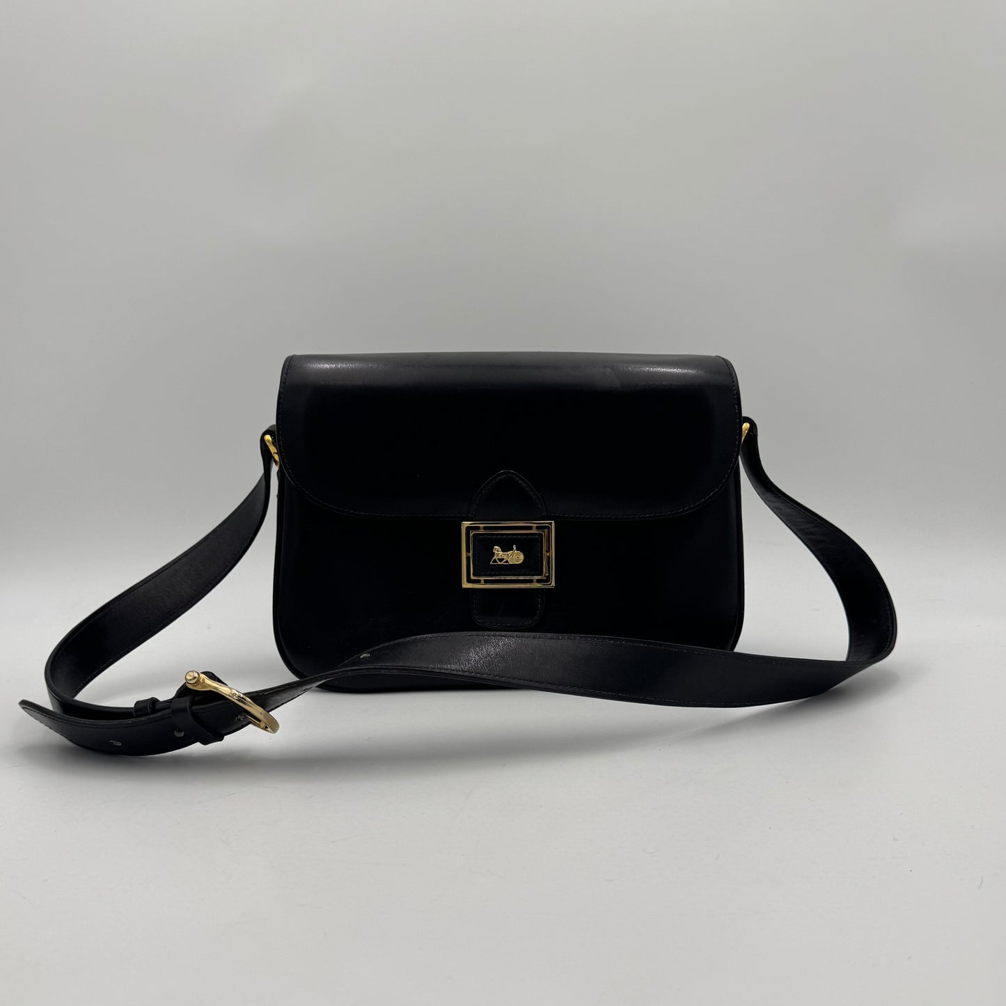 Celine Paris Black Leather Horse Carriage Box Shoulder Bag