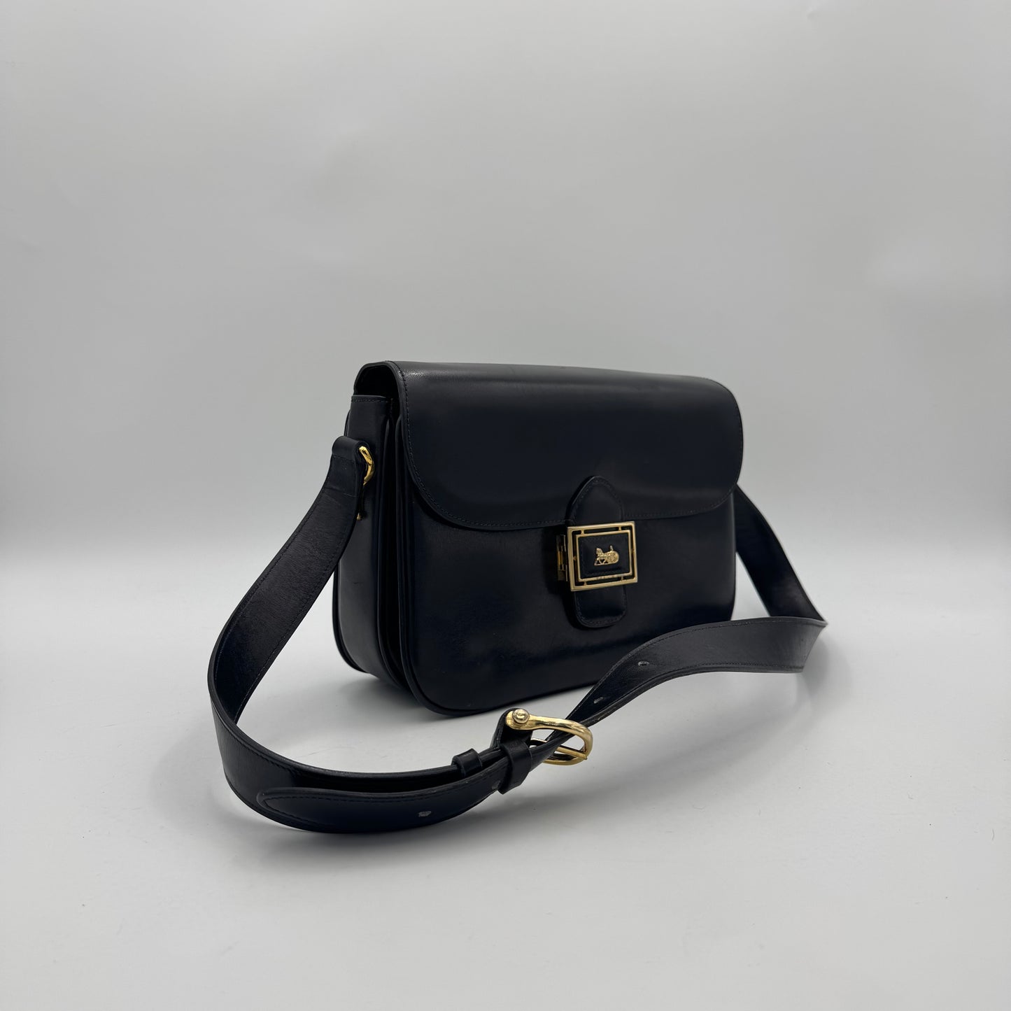Celine Paris Black Leather Horse Carriage Box Shoulder Bag