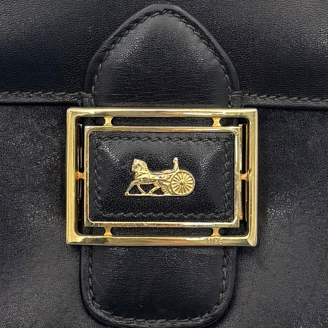 Celine Paris Black Leather Horse Carriage Box Shoulder Bag