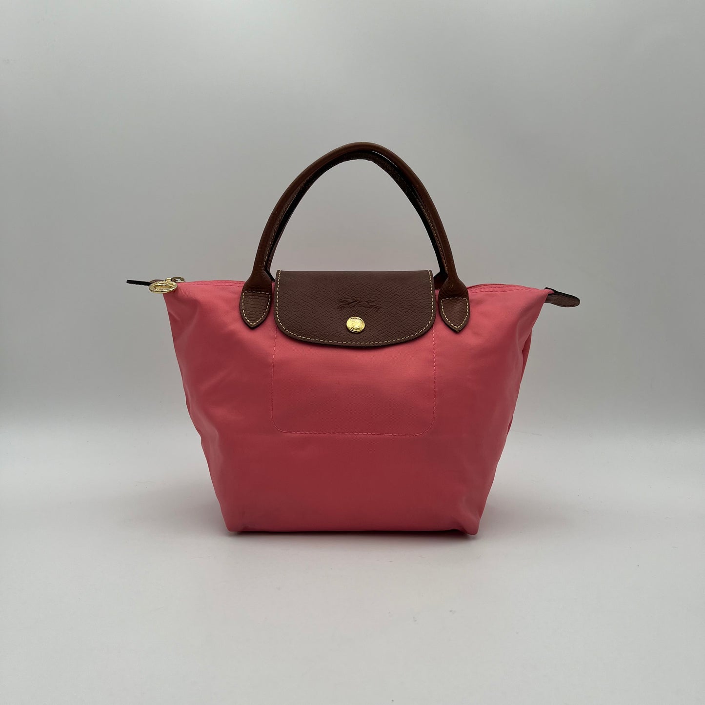 Longchamp Pink Nylon Brown Leather Short Handle Le Pliage Tote