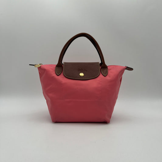 Longchamp Pink Nylon Brown Leather Short Handle Le Pliage Tote