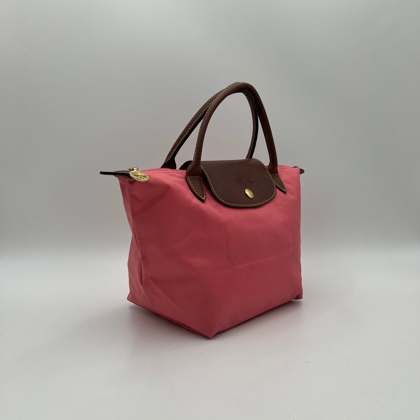Longchamp Pink Nylon Brown Leather Short Handle Le Pliage Tote