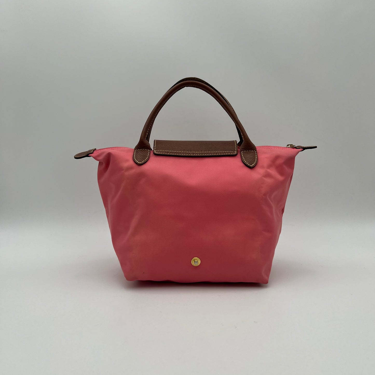Longchamp Pink Nylon Brown Leather Short Handle Le Pliage Tote