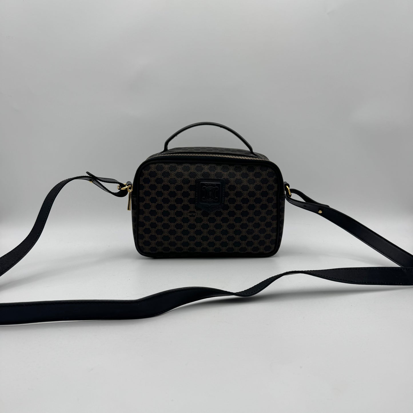 Celine Paris Black Macadam Blason Top Handle Vanity Crossbody