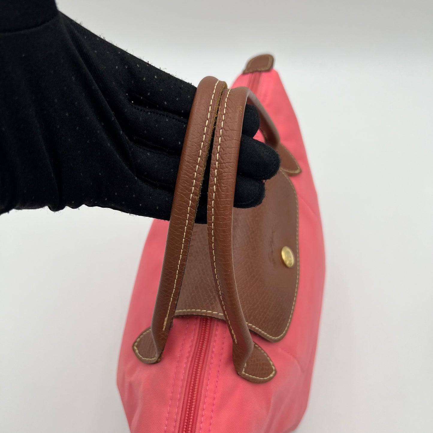 Longchamp Pink Nylon Brown Leather Short Handle Le Pliage Tote