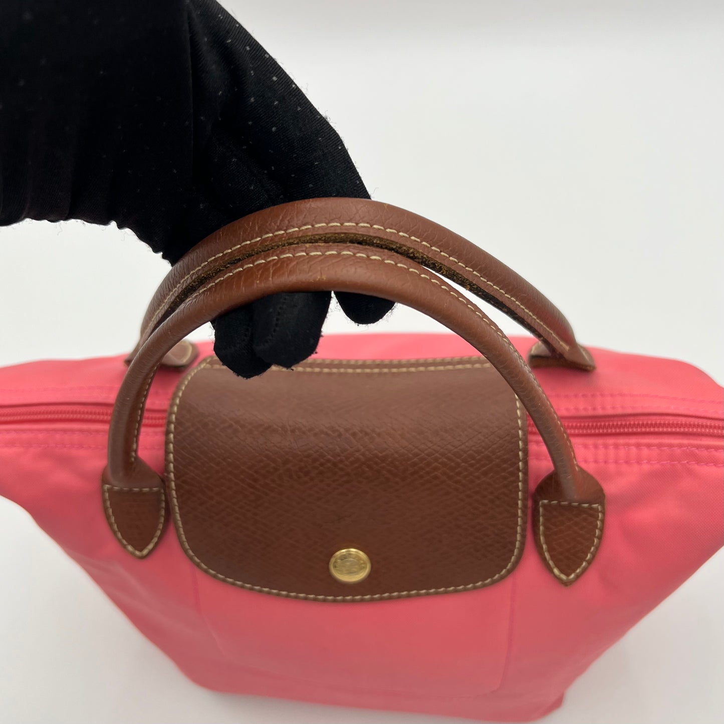 Longchamp Pink Nylon Brown Leather Short Handle Le Pliage Tote