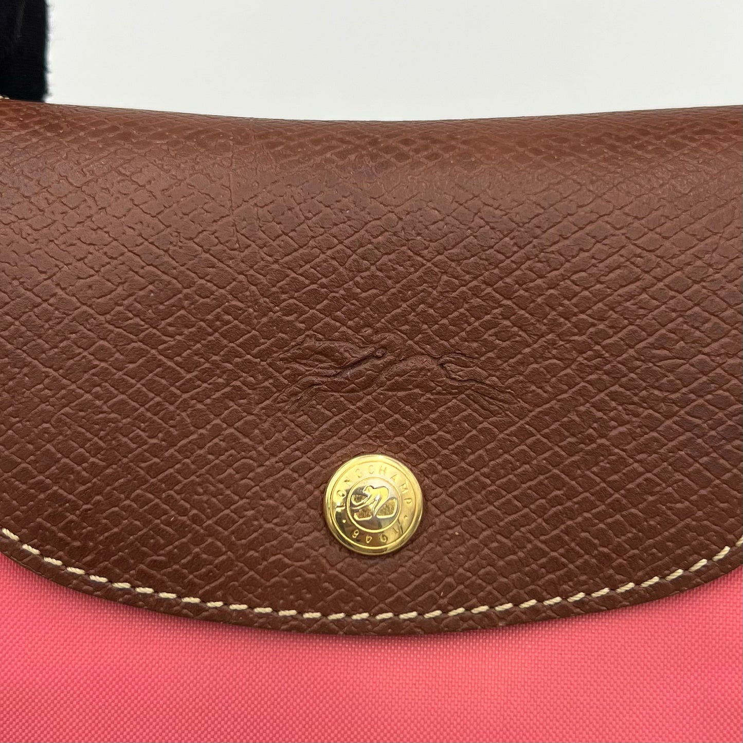 Longchamp Pink Nylon Brown Leather Short Handle Le Pliage Tote