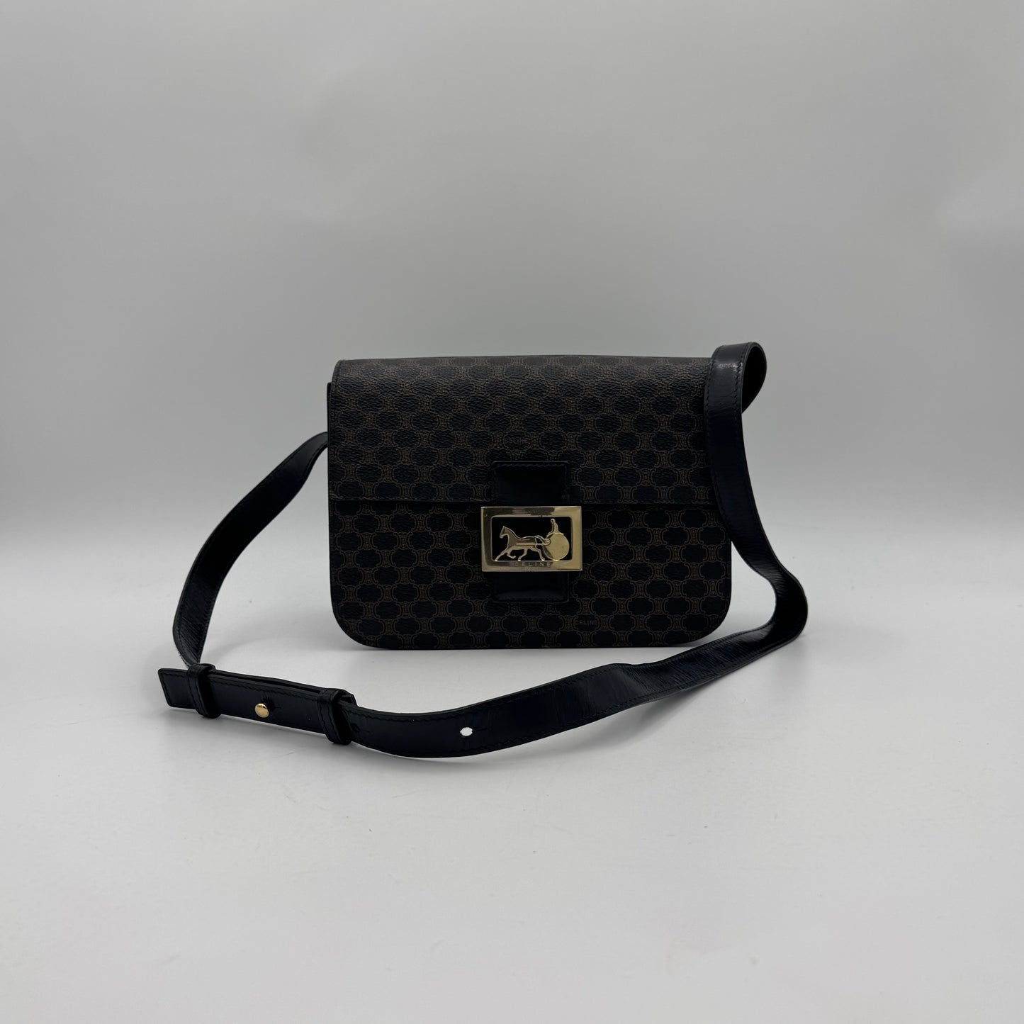 Celine Paris Black Macadam Horse Carriage Box Crossbody