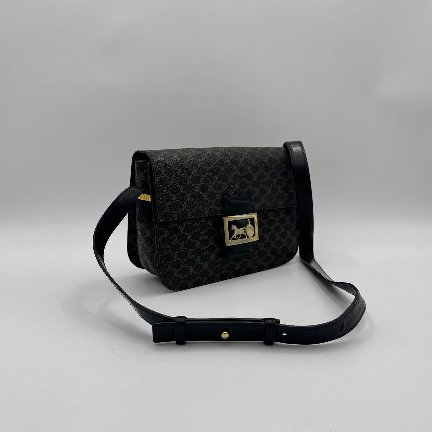 Celine Paris Black Macadam Horse Carriage Box Crossbody