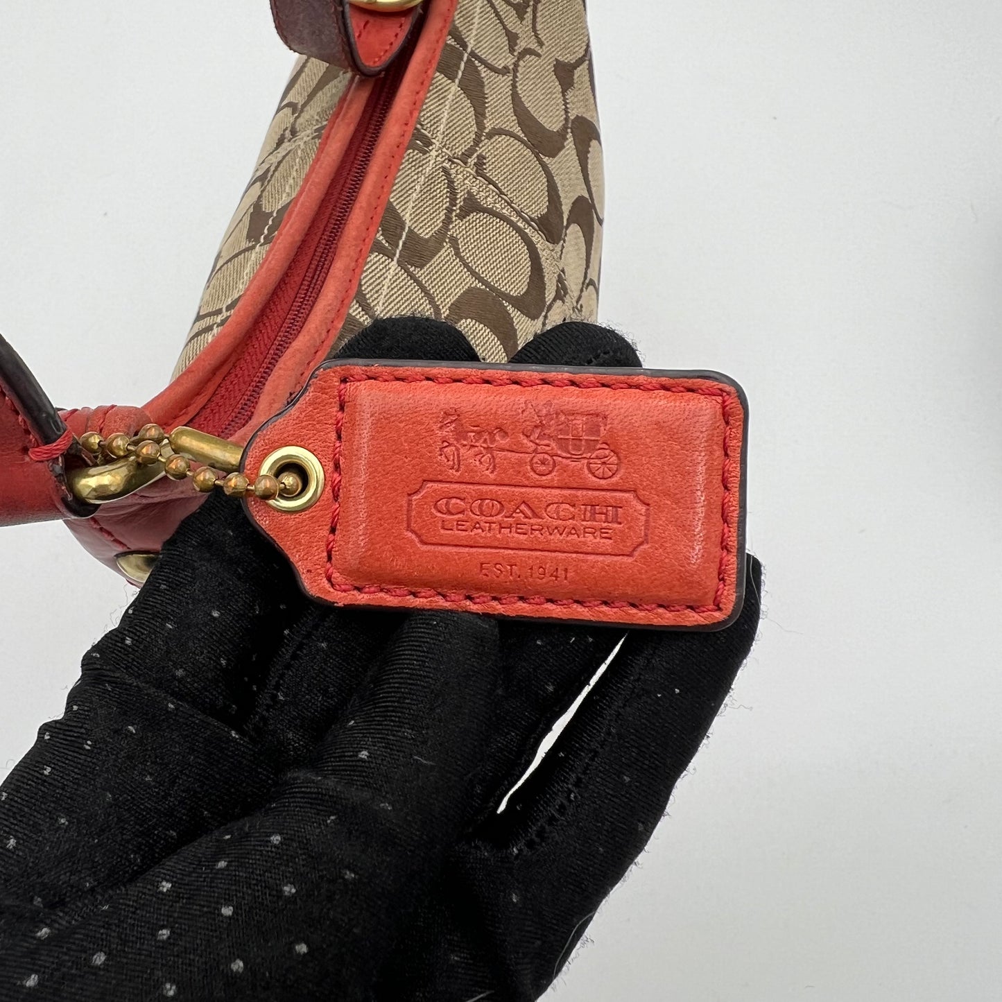 Coach Signature Canvas Orange Leather Hobo Shoulder Bag
