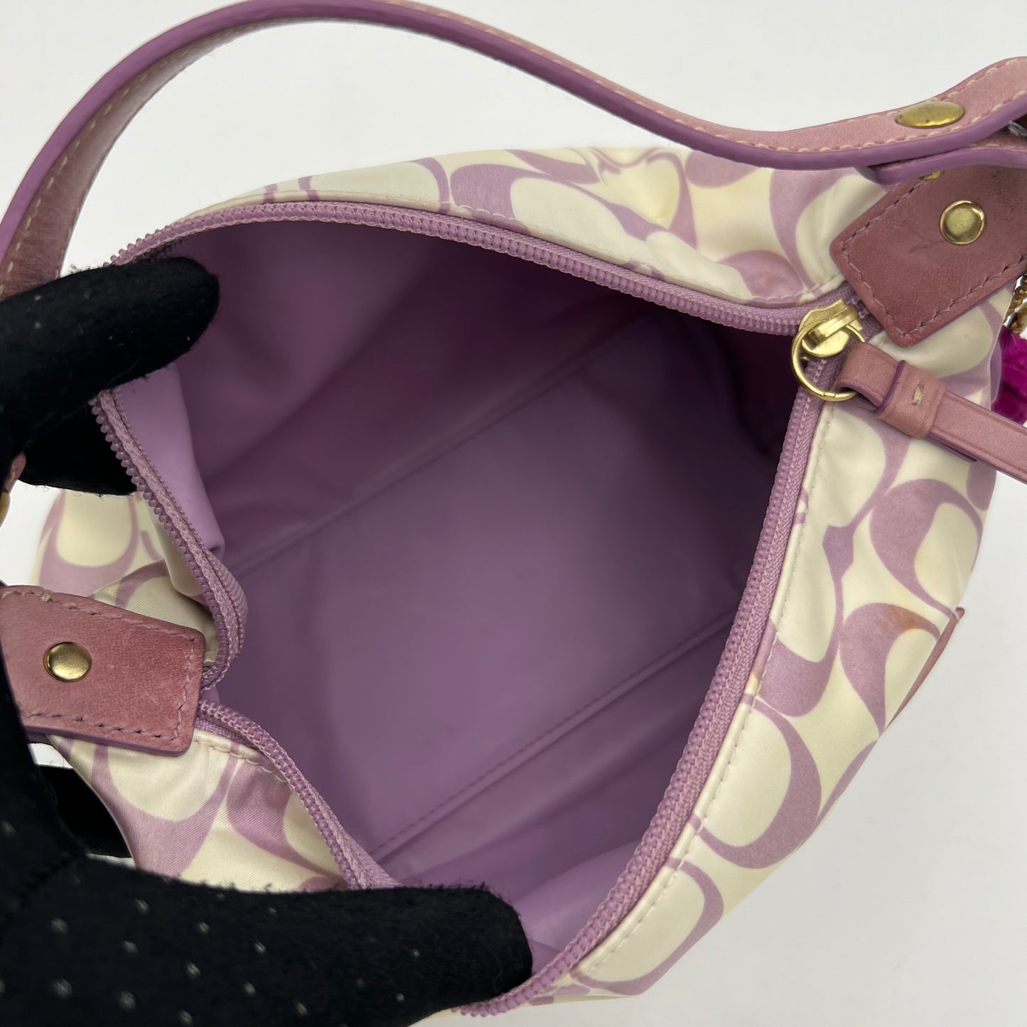 Coach Purple and White Signature Satin Pochette Handbag